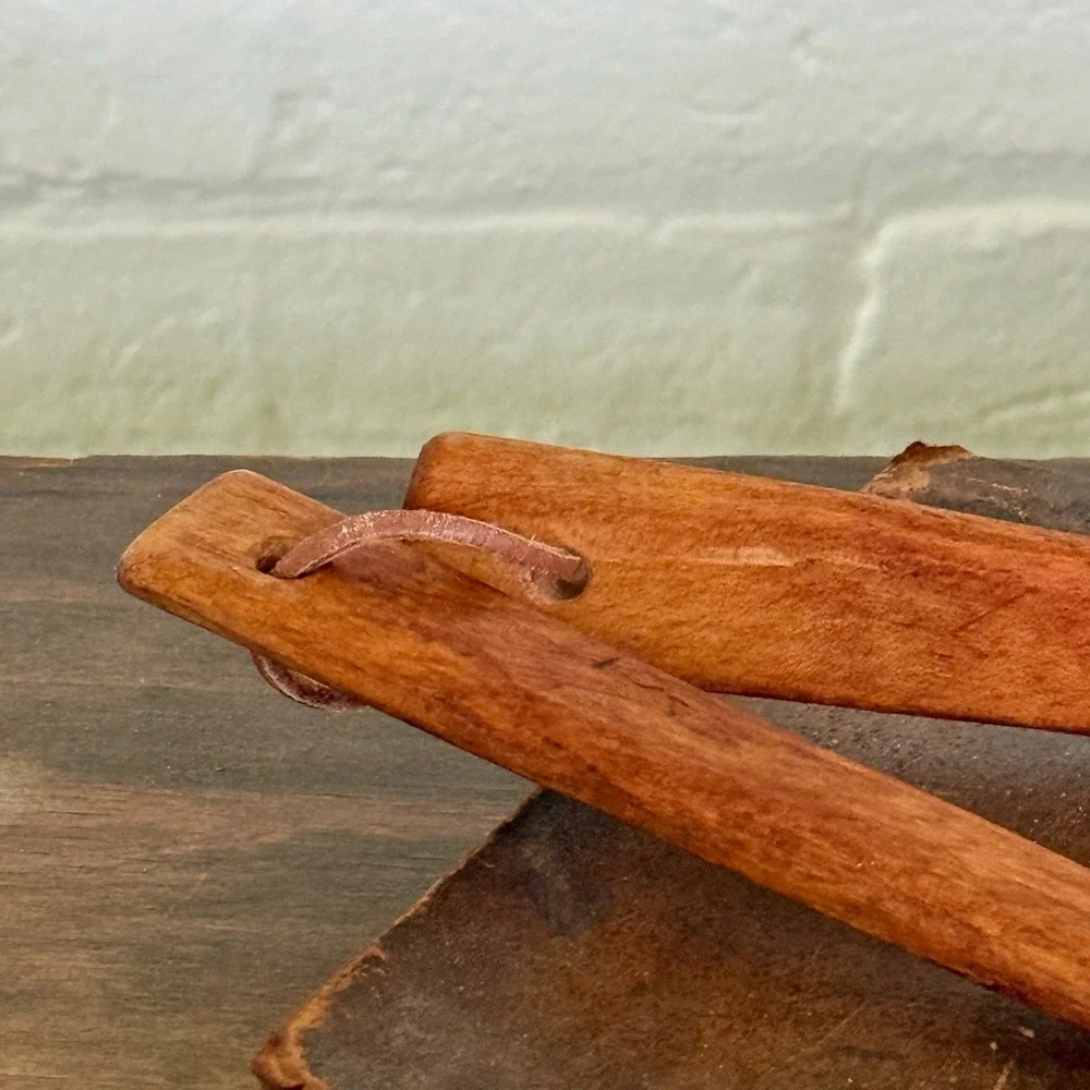 Vintage Handcrafted Wooden Salad Servers Long Handle Rustic Tongs Leather Cord